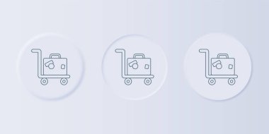 Gri arka planda bavul ikonu olan Grey Hotel bagaj arabası. Seyahat bagaj tabelası. Seyahat bagaj ikonu. Kare düğmelere simgeleri yerleştir. Vektör.