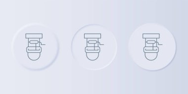 Gri Kuyu, gri arka planda izole edilmiş bir kova ve içme suyu ikonu ile. Kare düğmelere simgeleri yerleştir. Vektör.