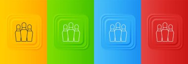 Beyaz Bowling pin simgesi renkli arkaplanda izole edilmiş. Kare düğmelere simgeleri yerleştir. Vektör.