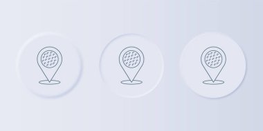 Gri arka planda golf kulübü ikonu olan gri haritalı işaretçi. Kare düğmelere simgeleri yerleştir. Vektör.