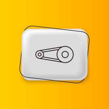 Sarı zemin üzerinde çark simgesi olan siyah bisiklet zinciri. Bisiklet zinciri sıçrama iletimi. Gümüş dikdörtgen düğme. Vektör.