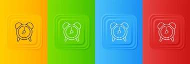 Beyaz Alarm saat simgesi renkli arkaplanda izole edildi. Uyan, kalk konsepti. Zaman işareti. Kare düğmelere simgeleri yerleştir. Vektör.