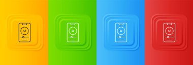 Beyaz müzik çalar simgesi renkli arkaplanda izole edildi. Taşınabilir müzik cihazı. Kare düğmelere simgeleri yerleştir. Vektör.