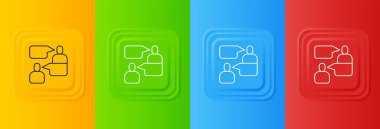 Beyaz İki adam konuşan simge renkli arka planda izole. Konuşma balonu sohbeti. İleti simgesi. İletişim ya da yorum sohbet sembolü. Kare düğmelere simgeleri yerleştir. Vektör.