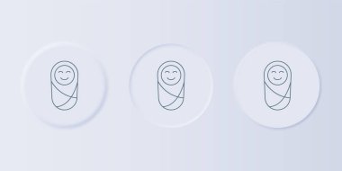 Gri yeni doğmuş bebek kundaklanmış ya da gri arka planda izole edilmiş kundaklama simgesi. Bebek çocuk battaniyeye sarılmış. Kare düğmelere simgeleri yerleştir. Vektör.