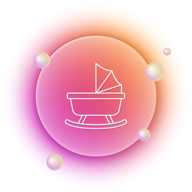 Beyaz bebek arabası simgesi beyaz arkaplanda izole edildi. Bebek arabası, at arabası, bebek arabası, bebek arabası, tekerlek. Turuncu ve pembe eğimli çember arka planı. Vektör.