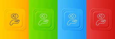 Beyaz Atom simgesi renkli arkaplanda izole edildi. Bilimin, eğitimin, nükleer fiziğin, bilimsel araştırmaların sembolü. Kare düğmelere simgeleri yerleştir. Vektör.