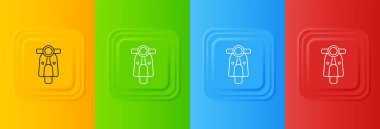 Beyaz Scooter simgesi renkli arkaplanda izole edilmiş. Kare düğmelere simgeleri yerleştir. Vektör.