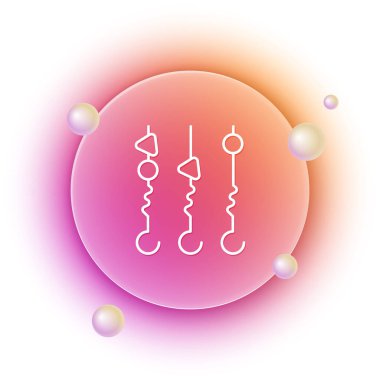Beyaz arka planda izole edilmiş şiş şiş kebap. Şiş çubukta et kebabı. Izgara etle piknik. Turuncu ve pembe eğimli çember arka planı. Vektör.