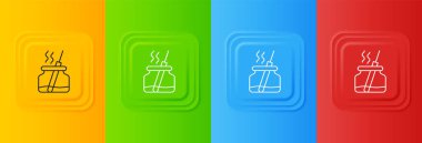 Beyaz Aroma dağıtıcı simgesi renkli arkaplanda izole edildi. Cam kavanoz, ahşap aroma çubuklarıyla farklı. Kare düğmelere simgeleri yerleştir. Vektör.