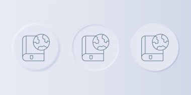 Gri Dünya küresi ve kitap ikonu gri arka planda izole edildi. Dünya ya da Dünya işareti. Küresel internet sembolü. Geometrik şekiller. Kare düğmelere simgeleri yerleştir. Vektör.