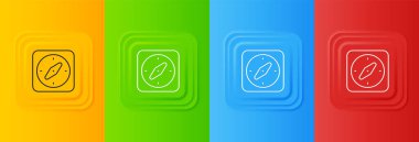 Beyaz Pusula simgesi renkli arkaplanda izole edildi. Rüzgâr yön bulma sembolü. Rüzgar gül işareti. Kare düğmelere simgeleri yerleştir. Vektör.