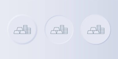 Gri arkaplanda altın külçeleri olan gri altın sikke. Bankacılık işareti. Para sembolü. Kare düğmelere simgeleri yerleştir. Vektör.
