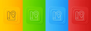 Renkli arkaplanda konum imleci simgesi izole edilmiş beyaz katlı harita. Kare düğmelere simgeleri yerleştir. Vektör.