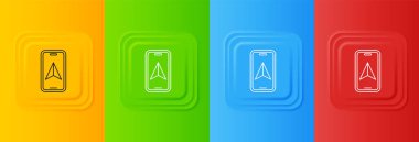 Şehir haritası yön bulma simgesinin beyaz bilgileri renkli arkaplanda izole edildi. Mobil Uygulama Arayüzü tasarımı. Coğrafi konsept. Kare düğmelere simgeleri yerleştir. Vektör.