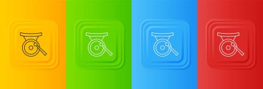 Beyaz Gong müzik perküsyon enstrümanı dairesel metal disk ve çekiç ikonu renkli arka planda izole edilmiş. Kare düğmelere simgeleri yerleştir. Vektör.