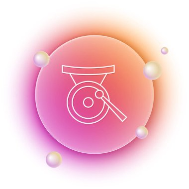 Beyaz Gong müzik perküsyon enstrümanı dairesel metal disk ve çekiç ikonu beyaz arka planda izole edilmiş. Turuncu ve pembe eğimli çember arka planı. Vektör.