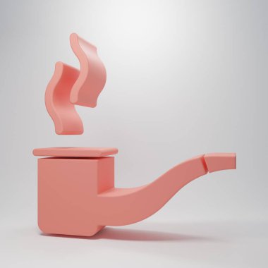 Pembe tüttürme piposu ve pembe arka planda izole edilmiş duman simgesi. Tütün piposu. Minimalizm kavramı. 3 Boyutlu resimleme.