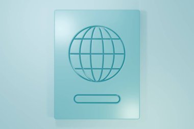 Mavi arka planda biyometrik veri simgesine sahip mavi pasaport. Kimlik belgesi. Minimalizm kavramı. 3 Boyutlu resimleme.
