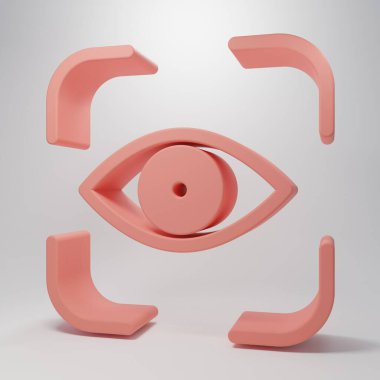Pembe Göz tarama simgesi pembe arka planda izole edildi. Göz taraması yapılıyor. Güvenlik kontrol sembolü. Siber göz işareti. Minimalizm kavramı. 3 Boyutlu resimleme.
