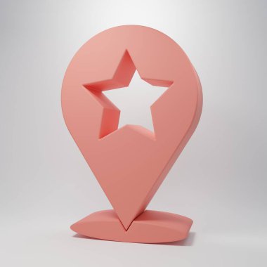 Pembe arkaplanda yıldız simgesi olan pembe harita işaretçisi. Yıldız favori iğne haritası simgesi. Harita işaretleyicileri. Minimalizm kavramı. 3 Boyutlu resimleme.