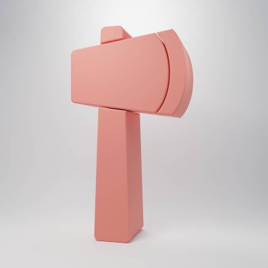 Pembe tahta balta ikonu pembe arka planda izole edilmiş. Oduncu baltası. Minimalizm kavramı. 3 Boyutlu resimleme.