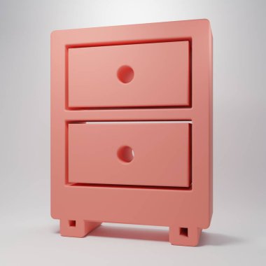 Pembe arka planda izole edilmiş belge simgesi olan pembe çekmece. Arşiv çekmecesi. Dosya dolabı çekmecesi. Ofis mobilyası. Minimalizm kavramı. 3 Boyutlu resimleme.