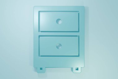 Mavi arkaplanda belge simgesi olan mavi çekmece. Arşiv çekmecesi. Dosya dolabı çekmecesi. Ofis mobilyası. Minimalizm kavramı. 3 Boyutlu resimleme.