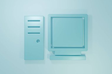 Mavi Bilgisayar monitörü simgesi mavi arkaplanda izole edildi. Bilgisayar bileşeni işareti. Minimalizm kavramı. 3 Boyutlu resimleme.