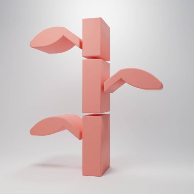 Pembe bambu kökleri pembe arka planda izole edilmiş yaprak ikonu içerir. Minimalizm kavramı. 3 Boyutlu resimleme.