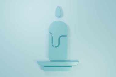 Mavi yanan mum simgesi mavi arkaplanda izole edildi. Silindirik mum çubuğu ve yanan ateş. Minimalizm kavramı. 3 Boyutlu resimleme.