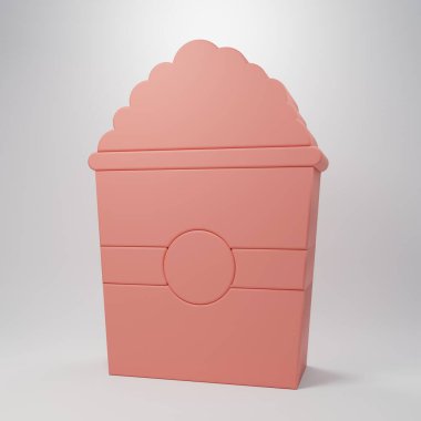Pembe arka planda izole edilmiş karton kutu simgesinde pembe patlamış mısır. Patlamış mısır kutusu. Minimalizm kavramı. 3 Boyutlu resimleme.
