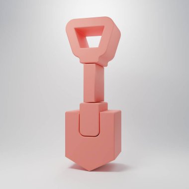 Pembe kürek simgesi pembe arkaplanda izole edilmiş. Bahçe aletleri. Bahçecilik, tarım, çiftçilik aleti. Minimalizm kavramı. 3 Boyutlu resimleme.