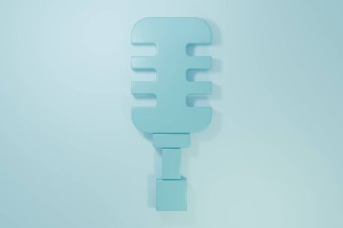 Mavi Mikrofon simgesi mavi arkaplanda izole edildi. Radyodaki mikrofondan. Sözcü işareti. Minimalizm kavramı. 3 Boyutlu resimleme.