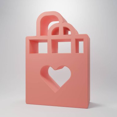 Pembe arka planda kalp ikonu olan pembe alışveriş torbası. Alışveriş torbası sevgisi kalp ikonu gibidir. Sevgililer günün kutlu olsun. Minimalizm kavramı. 3 Boyutlu resimleme.