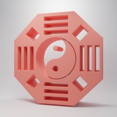 Pembe Yin Yang armoni sembolü ve pembe arkaplanda izole edilmiş denge simgesi. Minimalizm kavramı. 3 Boyutlu resimleme.