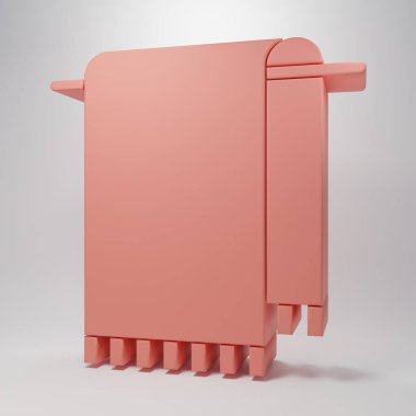 Pembe arka planda izole edilmiş bir askı ikonu üzerinde pembe havlu. Banyo havlusu ikonu. Minimalizm kavramı. 3 Boyutlu resimleme.