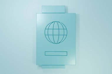 Mavi arka planda bilet simgesi olan mavi pasaport. Kimlik Belgesi. Konsept seyahat ve turizm. Minimalizm kavramı. 3 Boyutlu resimleme.