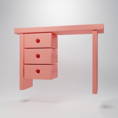 Pembe ofis masa simgesi pembe arka planda izole edilmiş. Minimalizm kavramı. 3 Boyutlu resimleme.