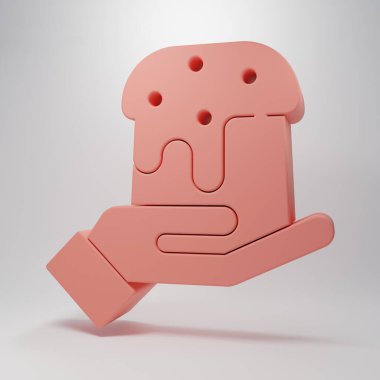 Pembe insan eli ve pembe arka planda izole edilmiş Paskalya pastası ikonu. Mutlu Paskalyalar. Minimalizm kavramı. 3 Boyutlu resimleme.