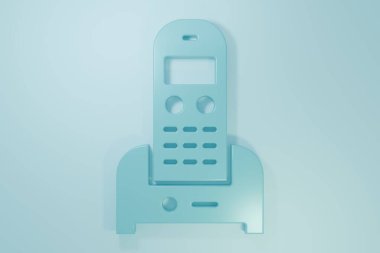 Mavi Telefon simgesi mavi arkaplanda izole edildi. Sabit telefon. Minimalizm kavramı. 3 Boyutlu resimleme.