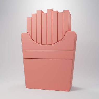 Pembe arka planda izole edilmiş karton paket ikonunda patates kızartması. Fast food menüsü. Minimalizm kavramı. 3 Boyutlu resimleme.