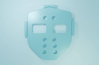 Mavi Hokey maskesi simgesi mavi arkaplanda izole edildi. Mutlu Cadılar Bayramı Partisi. Minimalizm kavramı. 3 Boyutlu resimleme.