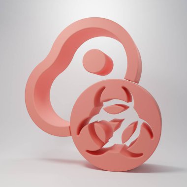 Pembe, genetiği değiştirilmiş et ikonu pembe arka planda izole edilmiş. Ete şırınga enjekte ediliyor. Minimalizm kavramı. 3 Boyutlu resimleme.