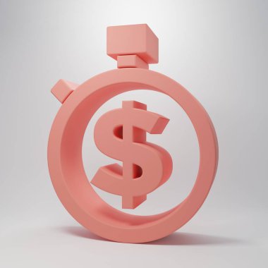 Pembe Saat, pembe arka planda izole edilmiş para simgesidir. Para zamandır. Etkili zaman yönetimi. Zamanı paraya çevir. Kronometre işareti. Minimalizm kavramı. 3 Boyutlu resimleme.