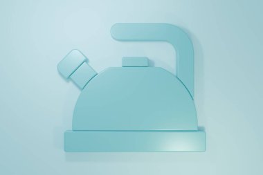 Mavi arka planda ikonu olan mavi çaydanlık. Çaydanlık ikonu. Minimalizm kavramı. 3 Boyutlu resimleme.