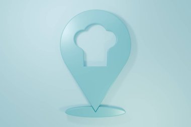 Mavi arkaplanda konum simgesi olan Mavi Şef şapkası. Aşçılık sembolü. Aşçı şapkası. Minimalizm kavramı. 3 Boyutlu resimleme.