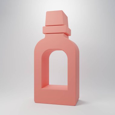 Çamaşır deterjanı, çamaşır suyu, bulaşık deterjanı ya da pembe arka planda izole edilmiş başka bir temizlik malzemesi ikonu için pembe plastik şişe. Minimalizm kavramı. 3 Boyutlu resimleme.