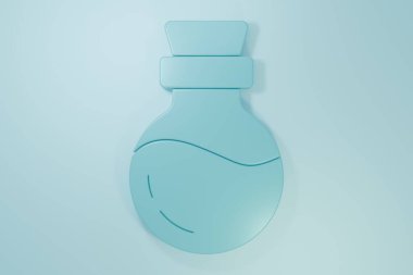 Mavi arka planda iksir ikonu olan mavi şişe. Sihirli iksirli matara. Mutlu Cadılar Bayramı Partisi. Minimalizm kavramı. 3 Boyutlu resimleme.