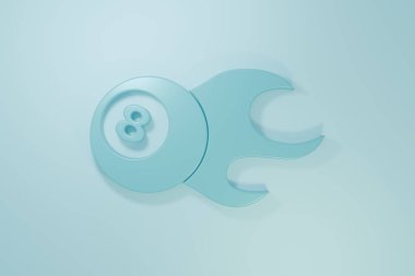 Mavi bilardo bilardo topu. Mavi arka planda 8 numaralı ikon izole edilmiş. Minimalizm kavramı. 3 Boyutlu resimleme.